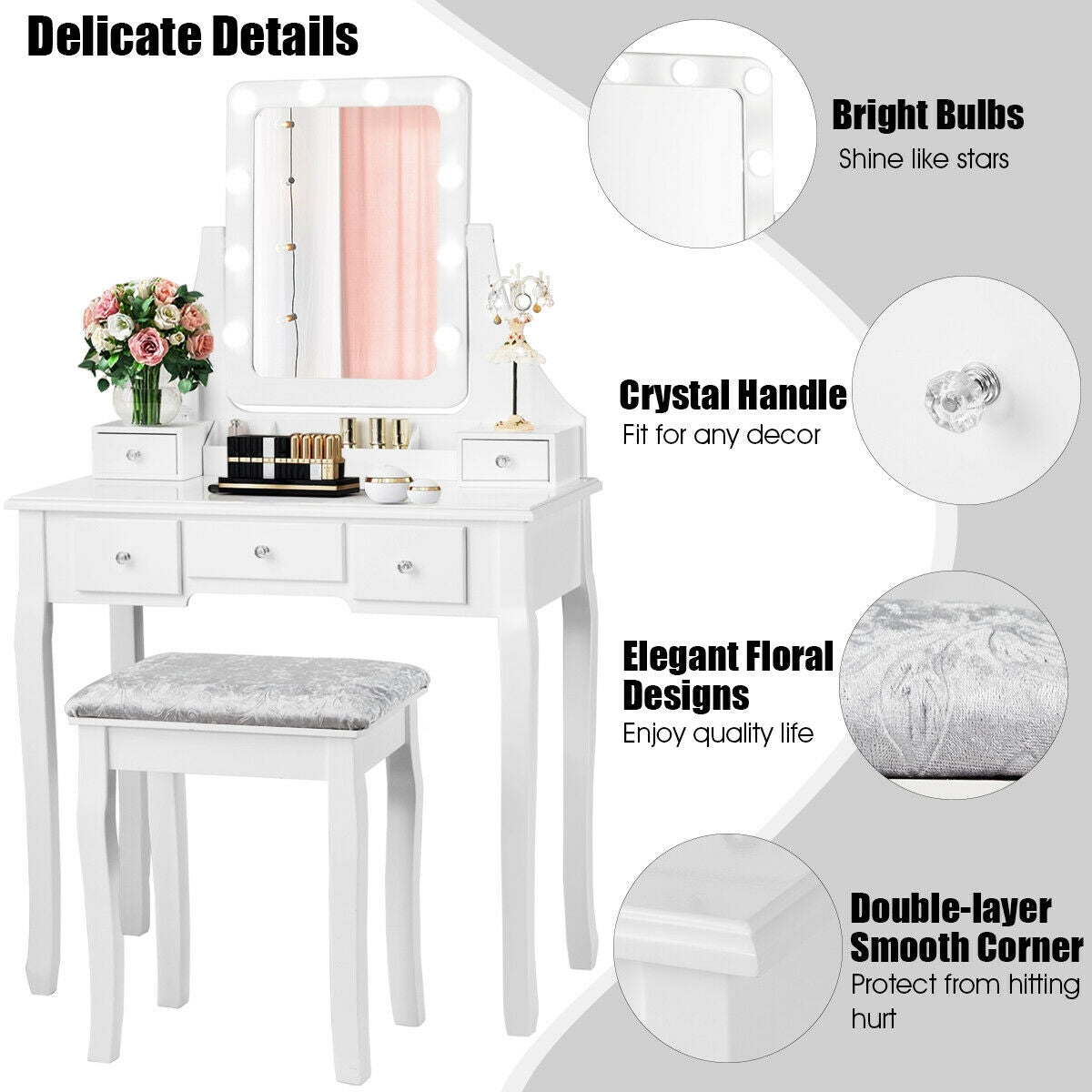 Vanity Dressing Table Set with 10 Dimmable Bulbs and Stool, White