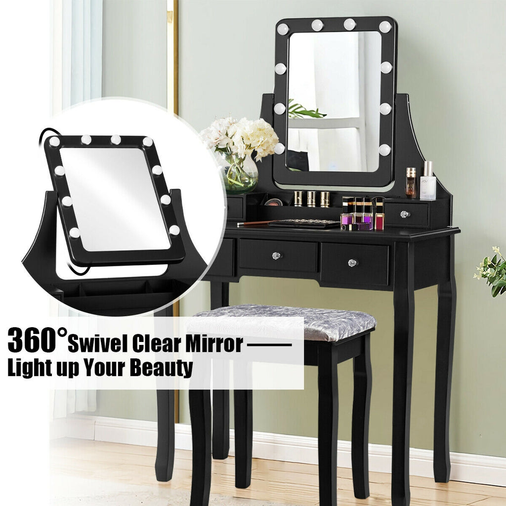 Dressing Table with 10 Dimmable Bulbs and Cushioned Stool - Black