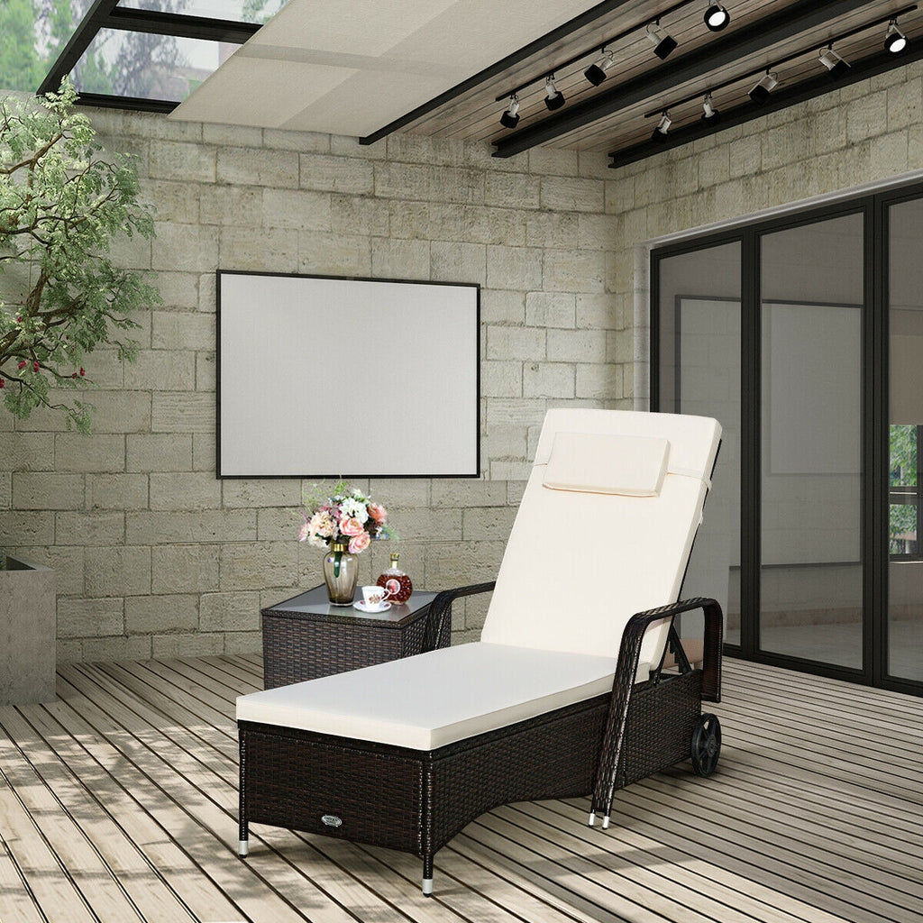 Patio Wicker Chaise Lounge Chair with Wheels - White