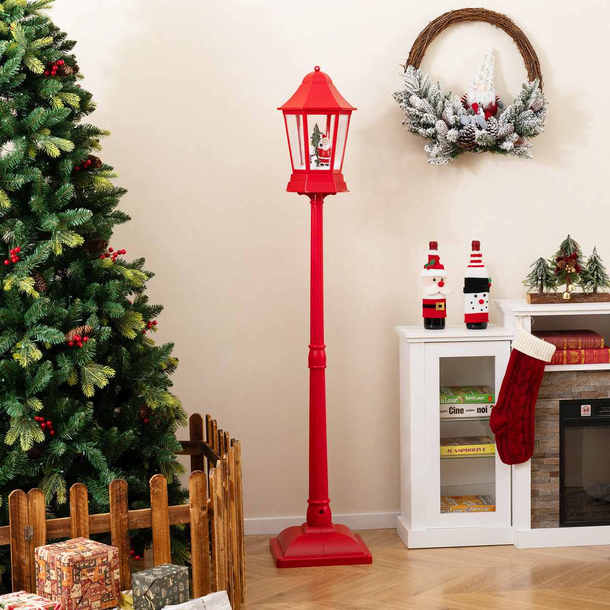 Musical Christmas Street Lamp with Blowing Snow & LED Lights - 5.3 Feet Red Variation