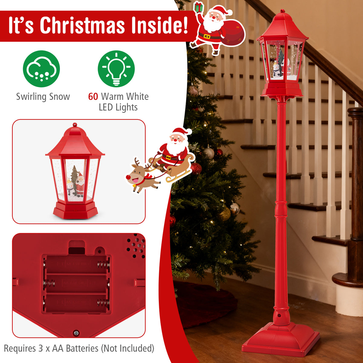 Musical Christmas Street Lamp with Blowing Snow & LED Lights - 5.3 Feet Red Variation