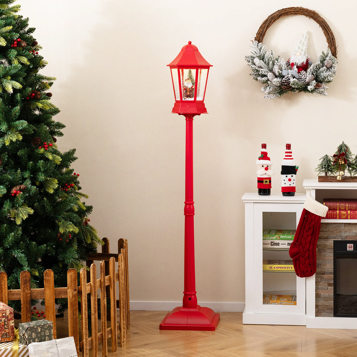 5.3 Feet Musical Christmas Street Lamp with 60 Warm White LED Lights - Red Variation