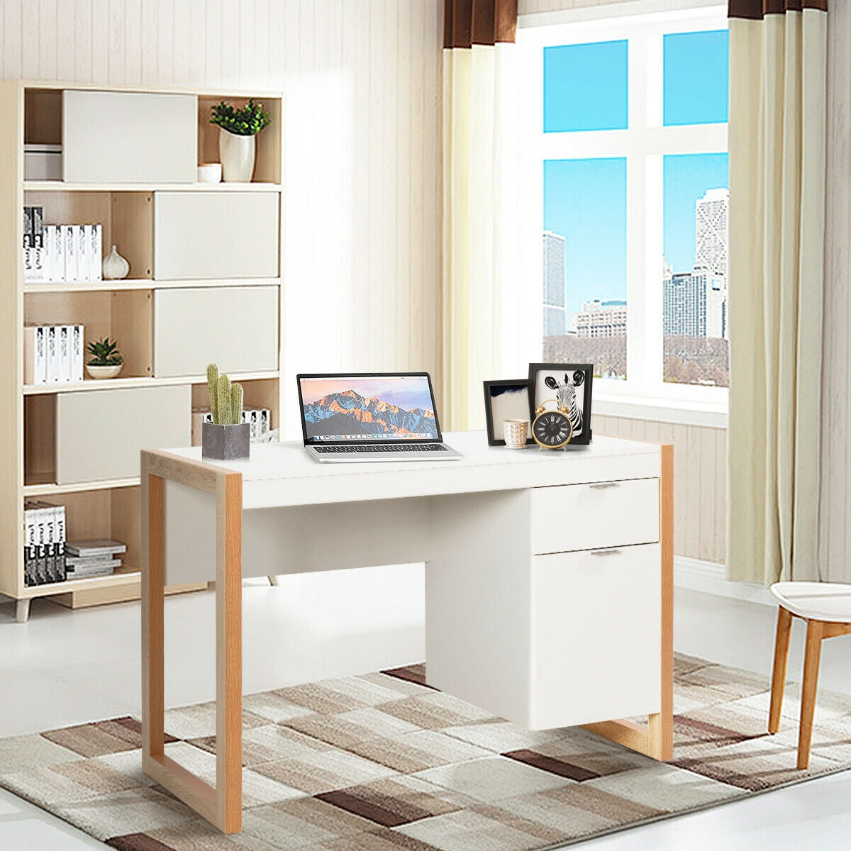Modern Computer Desk with Storage Cabinet Drawer - White