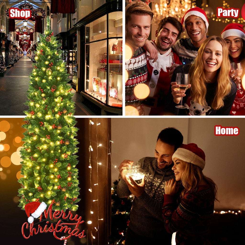 Pre-lit Artificial Christmas Tree 6.5Ft Slim Hinged Pencil Tree with Lights & Decorations
