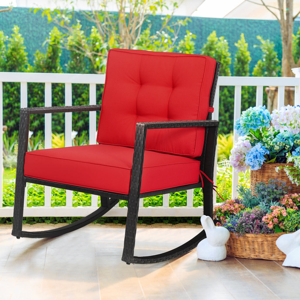 Rattan Rocking Chair with Cushion, Red