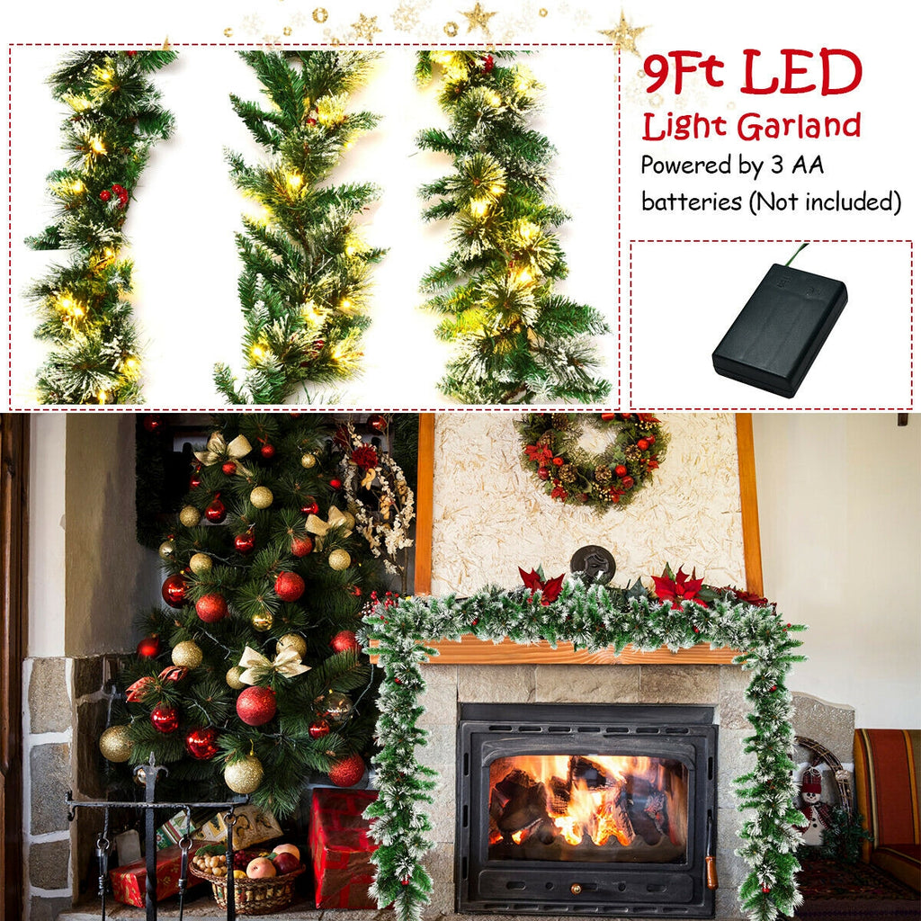 9 Feet Pre-lit Snow Flocked Christmas Garland with Red Berries - Indoor Outdoor Decor
