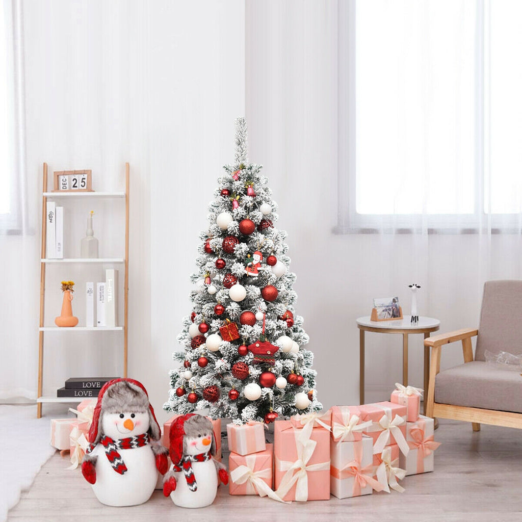 Pre-Lit Snow Flocked Pencil Christmas Tree with 150 LED Lights - 4.5 Feet