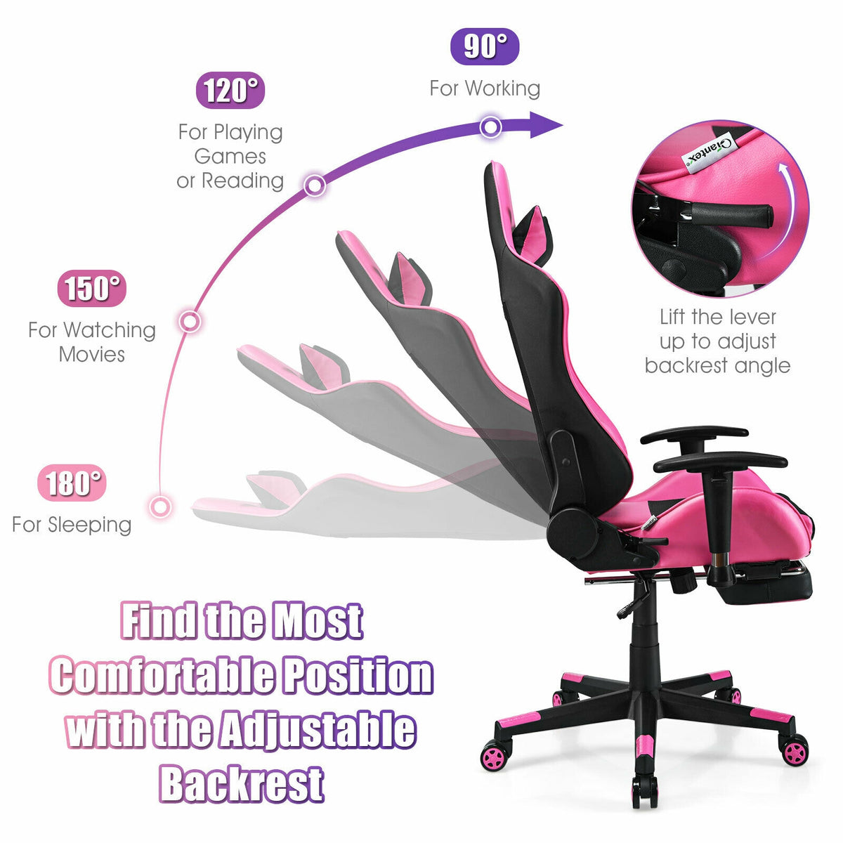 PU Leather Gaming Chair with USB Massage Lumbar Pillow, Footrest – Type-C, Pink