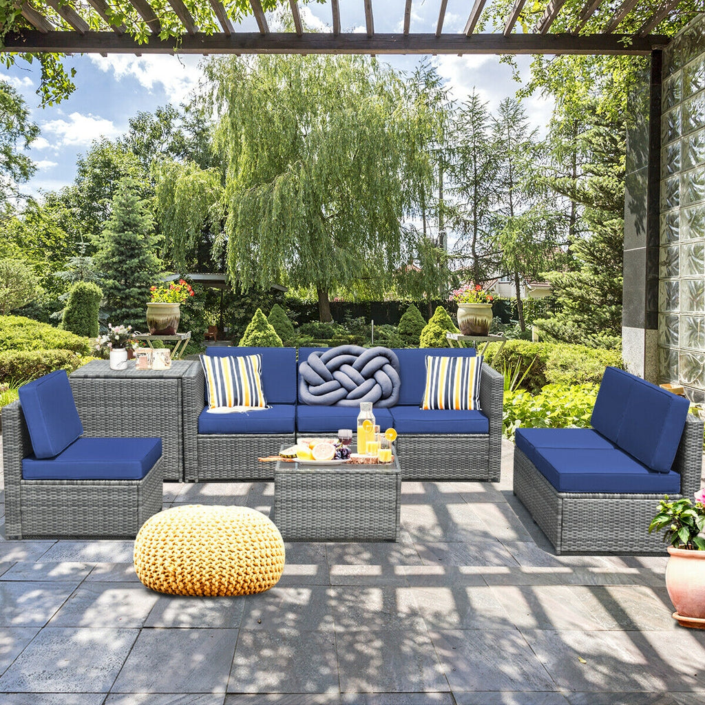 8-Piece Rattan Sofa Set with Storage Table - Gray Navy
