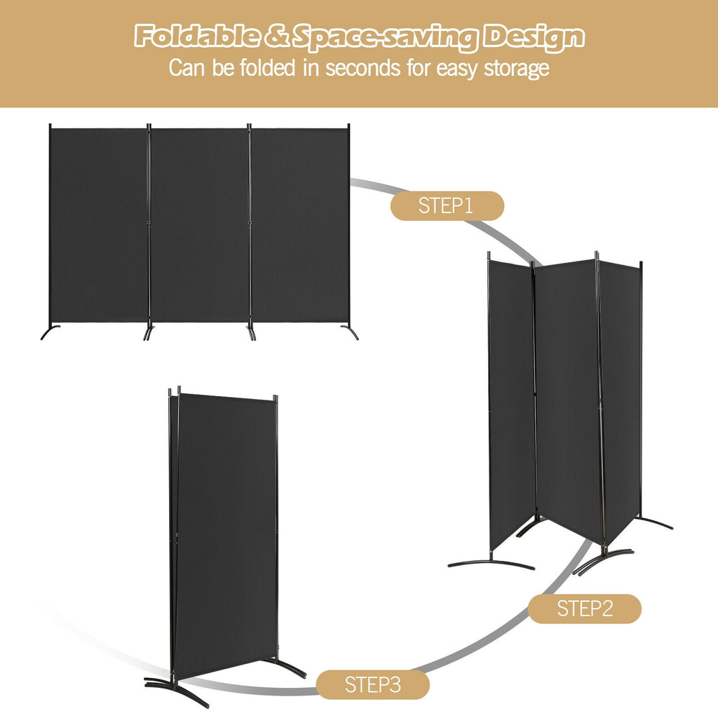 3 Panel Room Divider No Wheels Black - Foldable Privacy Screen with Steel Frame