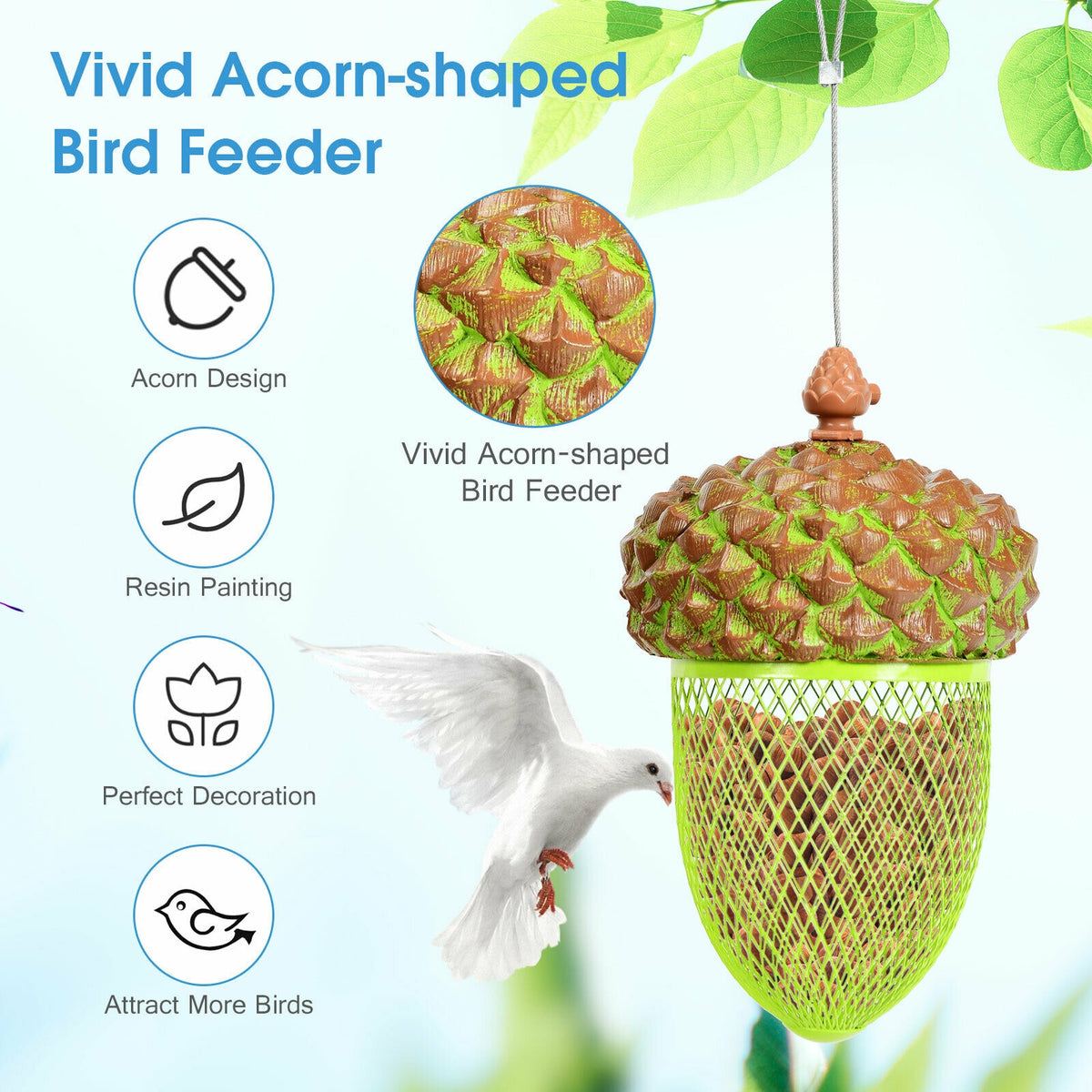 Metal Acorn Bird Feeder with Iron Mesh & Top Lid - Outdoor Hanging Food Dispenser, Brown