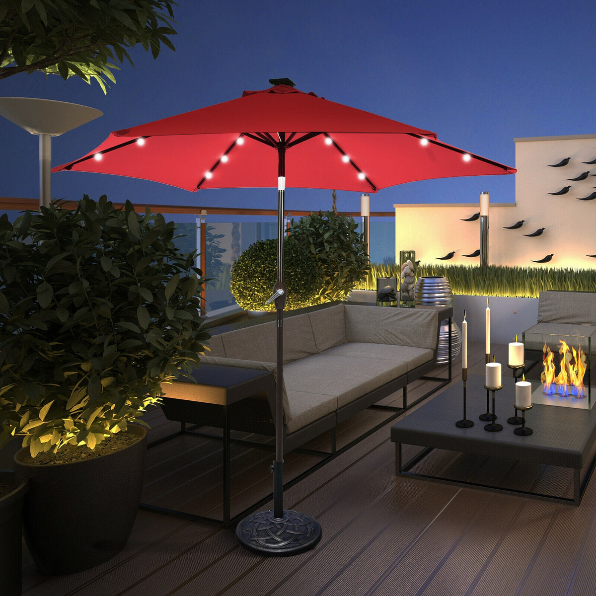 9 Feet Solar LED Lighted Patio Market Umbrella with Tilt Adjustment