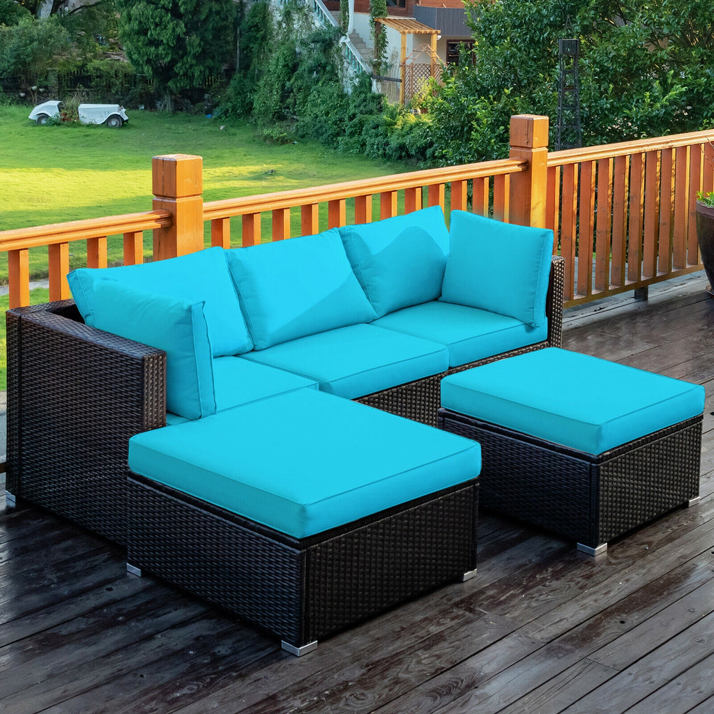 5-Piece Patio Sectional Sofa Set with Ottoman & Cushions - Blue