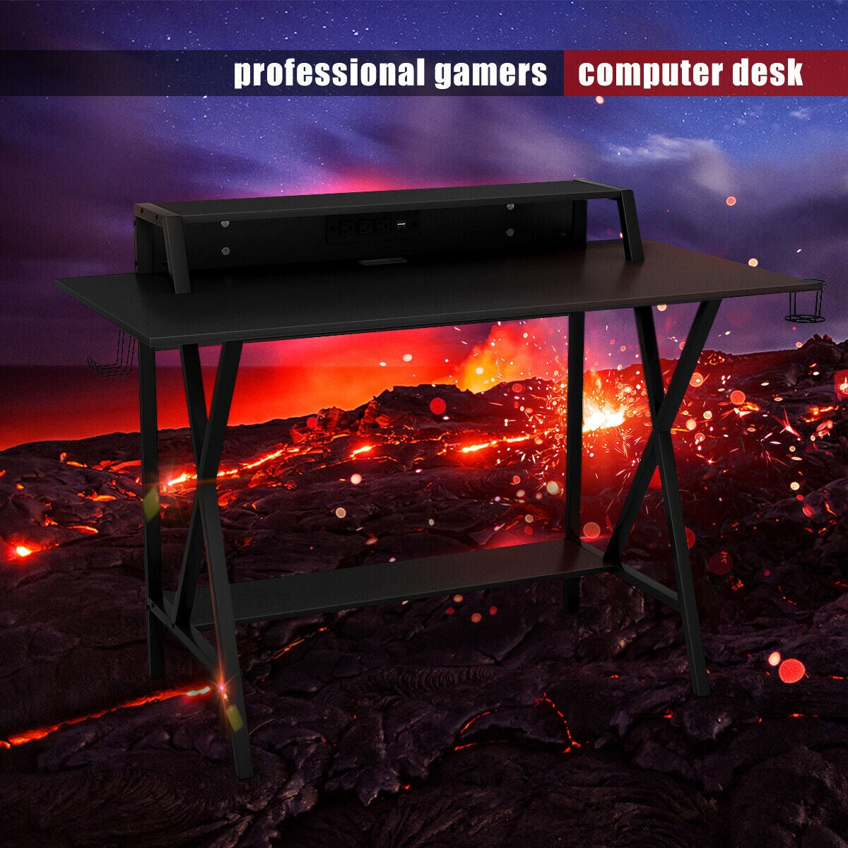 Gaming Desk with Monitor Shelf, Cup & Headphone Holder