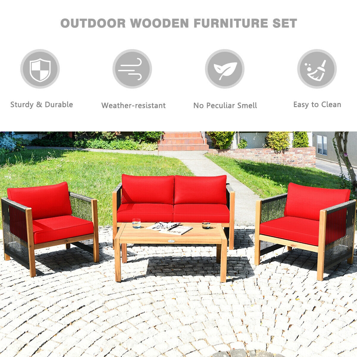 Acacia Wood Outdoor Sofa Set with Cushions - Red