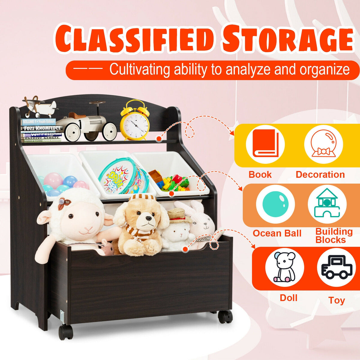 Kids Toy Storage Organizer with Rolling Toy Box and Plastic Bins - Dark Brown