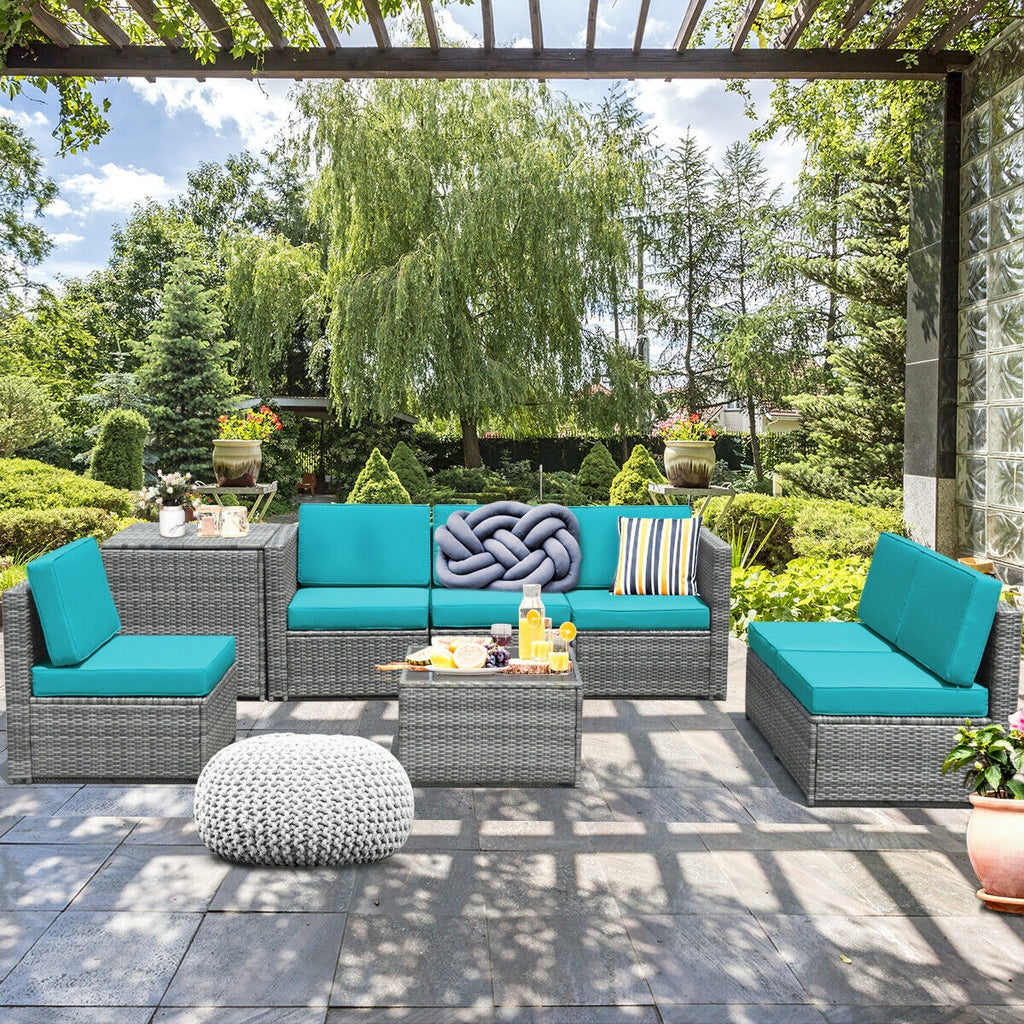 8-Piece Rattan Sofa Set with Storage Table - Gray & Turquoise