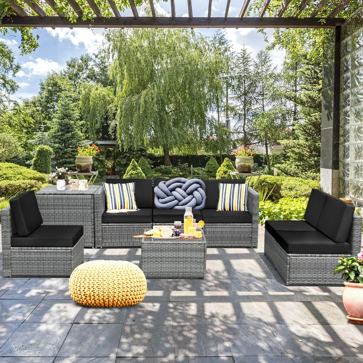 8-Piece Rattan Sofa Set with Storage Table - Gray Rattan, Black