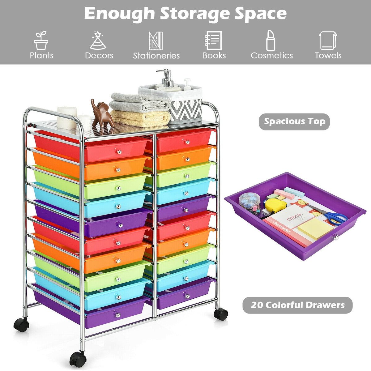 20-Drawer Rolling Storage Cart, Multicolor