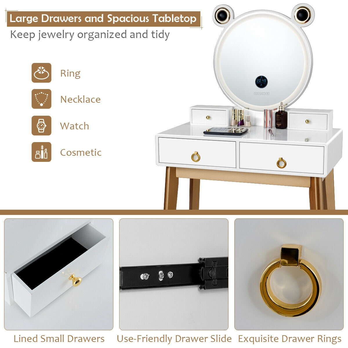 Lighted Vanity Set with Touch Screen Mirror and 4 Drawers