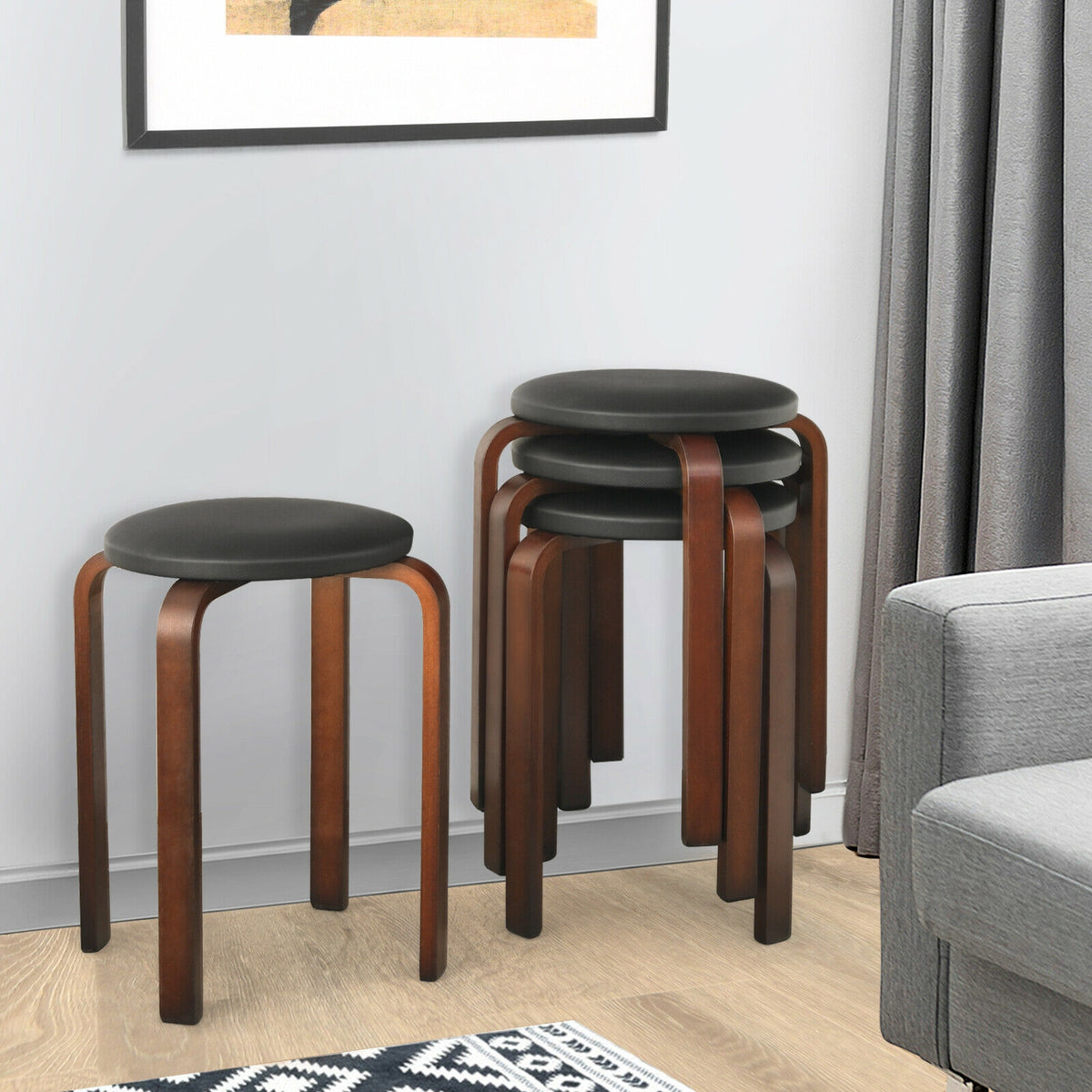 Bentwood Stack Stools with PU Leather Seat, Black – 4-Pack