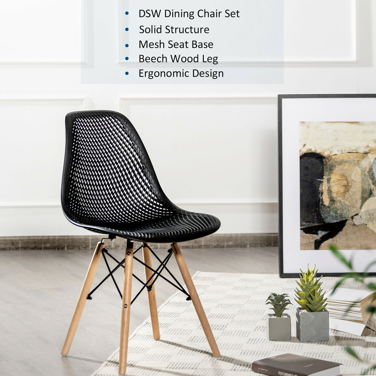 Modern Plastic Hollow Chair Set with Wood Legs - Black (4 Pack)