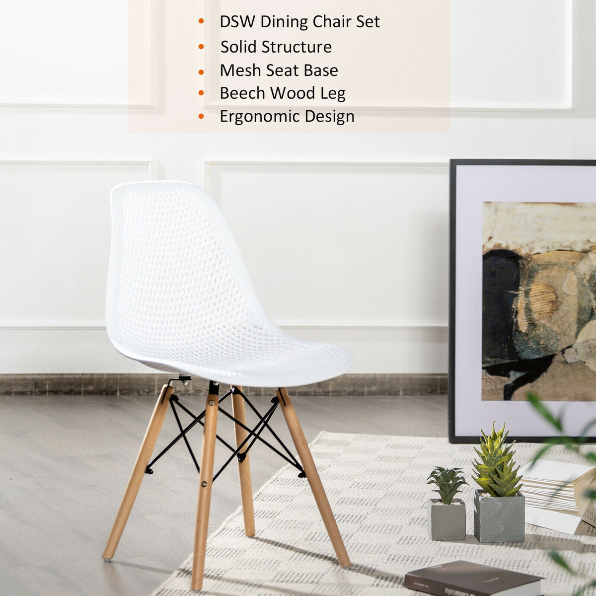 Modern Plastic Hollow Chair Set 4-Pack with Wood Legs - White