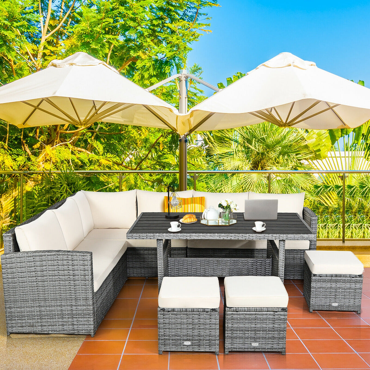 7-Piece Outdoor Wicker Sectional Sofa Set with Dining Table - Beige
