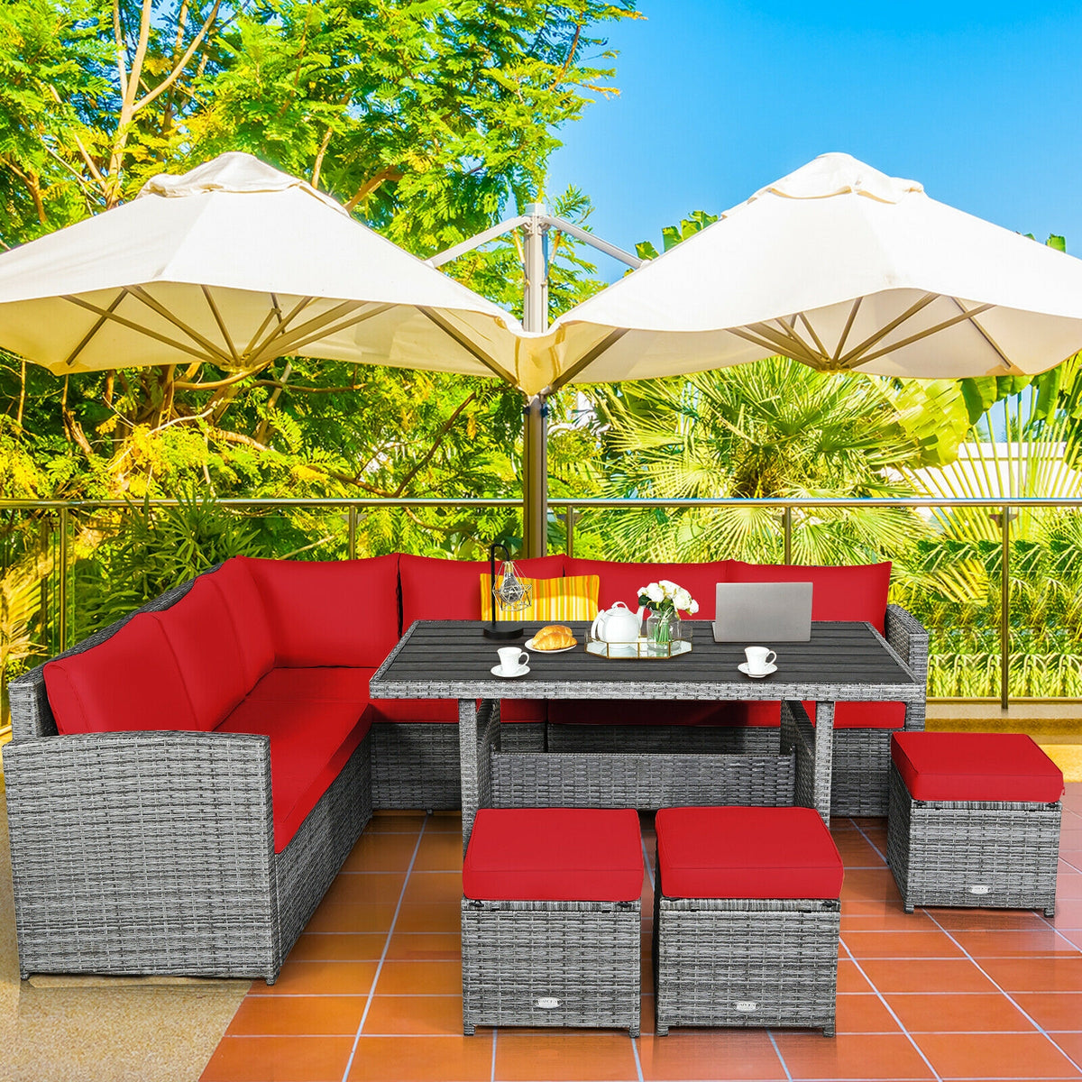 7-Piece Outdoor Wicker Sectional Sofa Set with Dining Table - Red