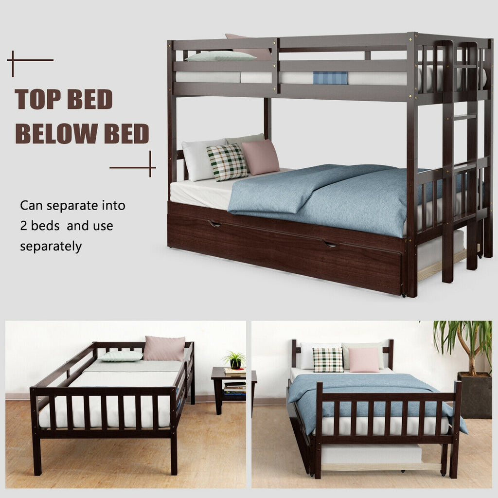 Twin Bunk Bed with Trundle & Wooden Ladder - Dark Brown
