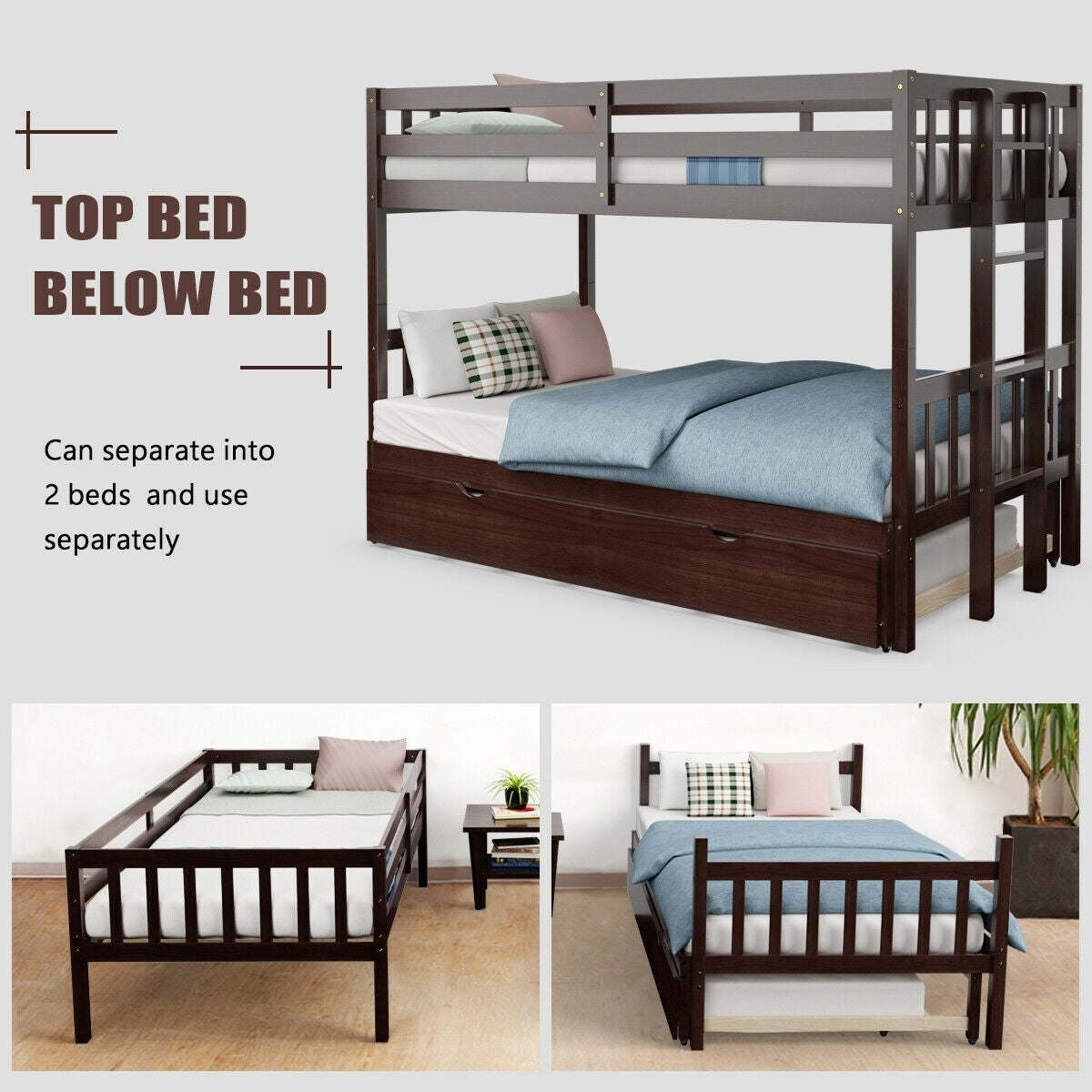 Twin Bunk Bed with Trundle & Wooden Ladder - Dark Brown