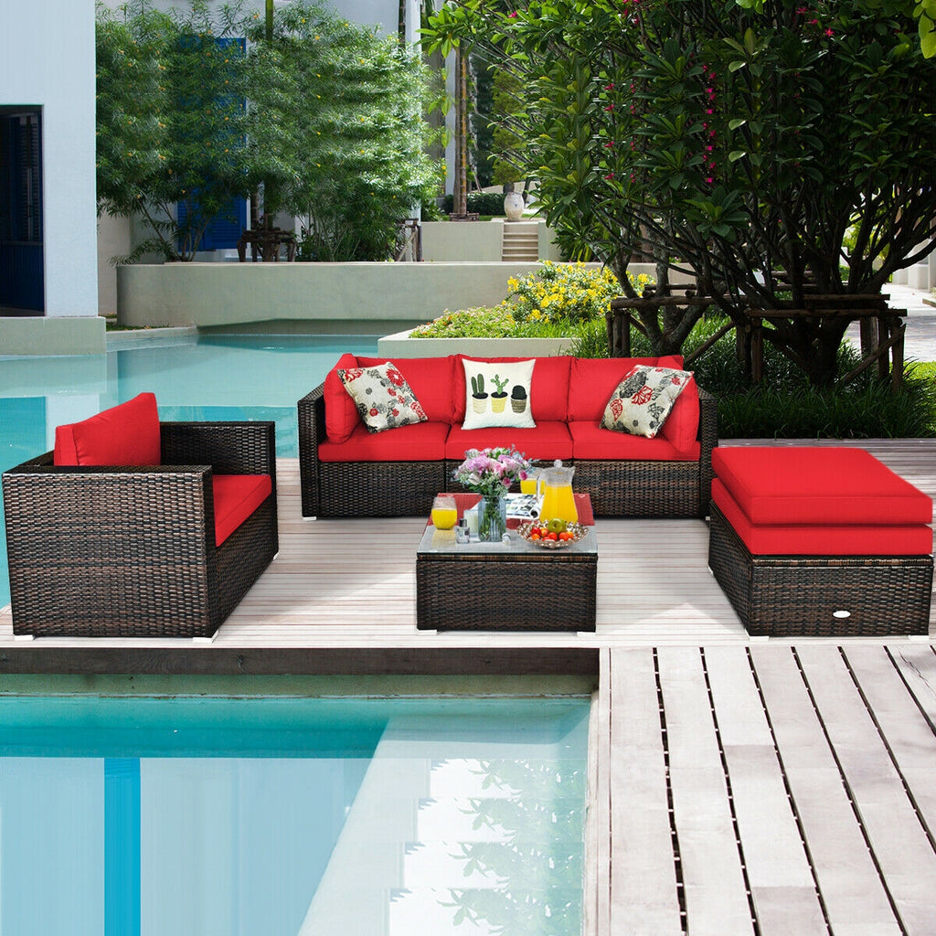 6-Piece Patio Rattan Sectional Set with Cushions - Blue