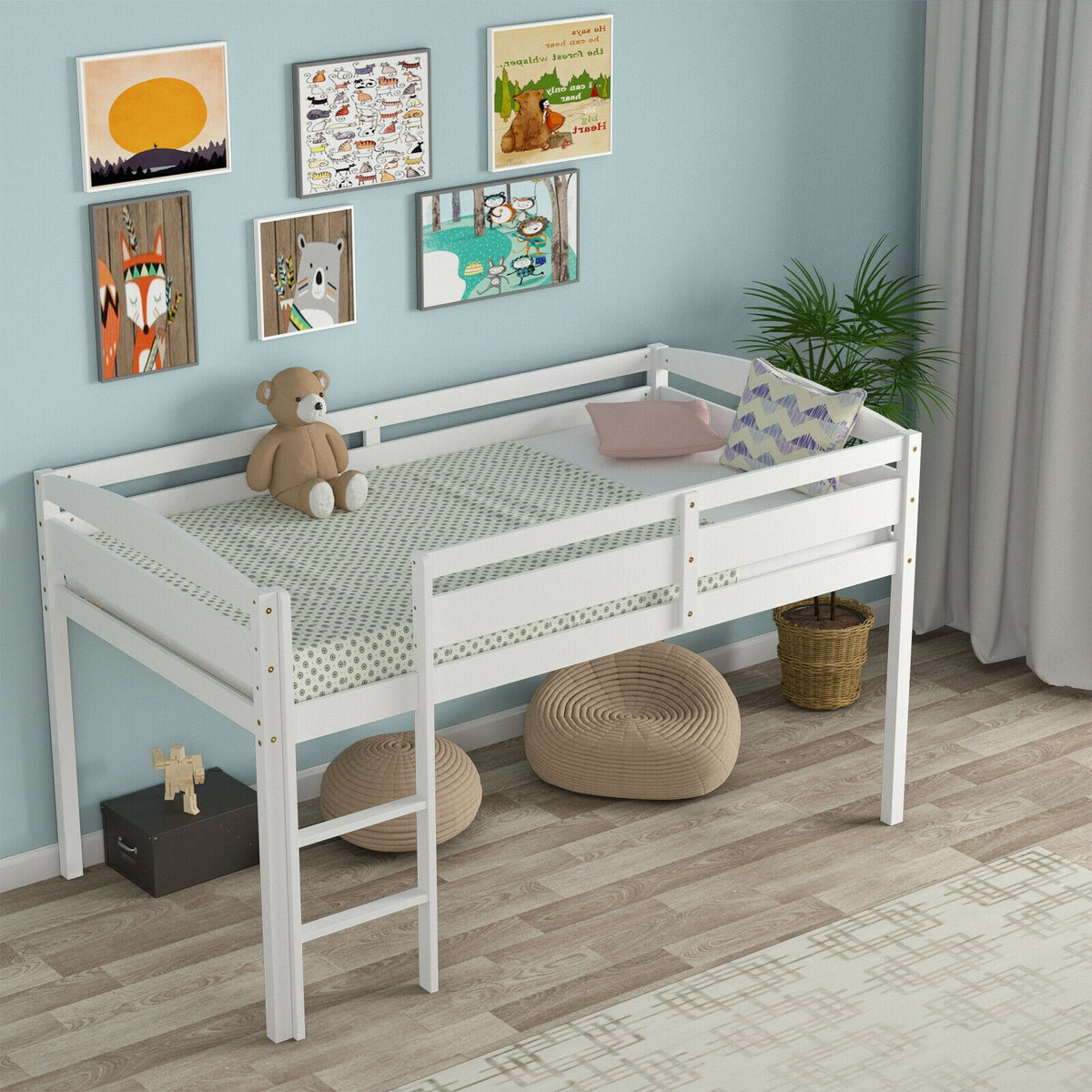 Twin Loft Bed with Guardrail and Ladder, White