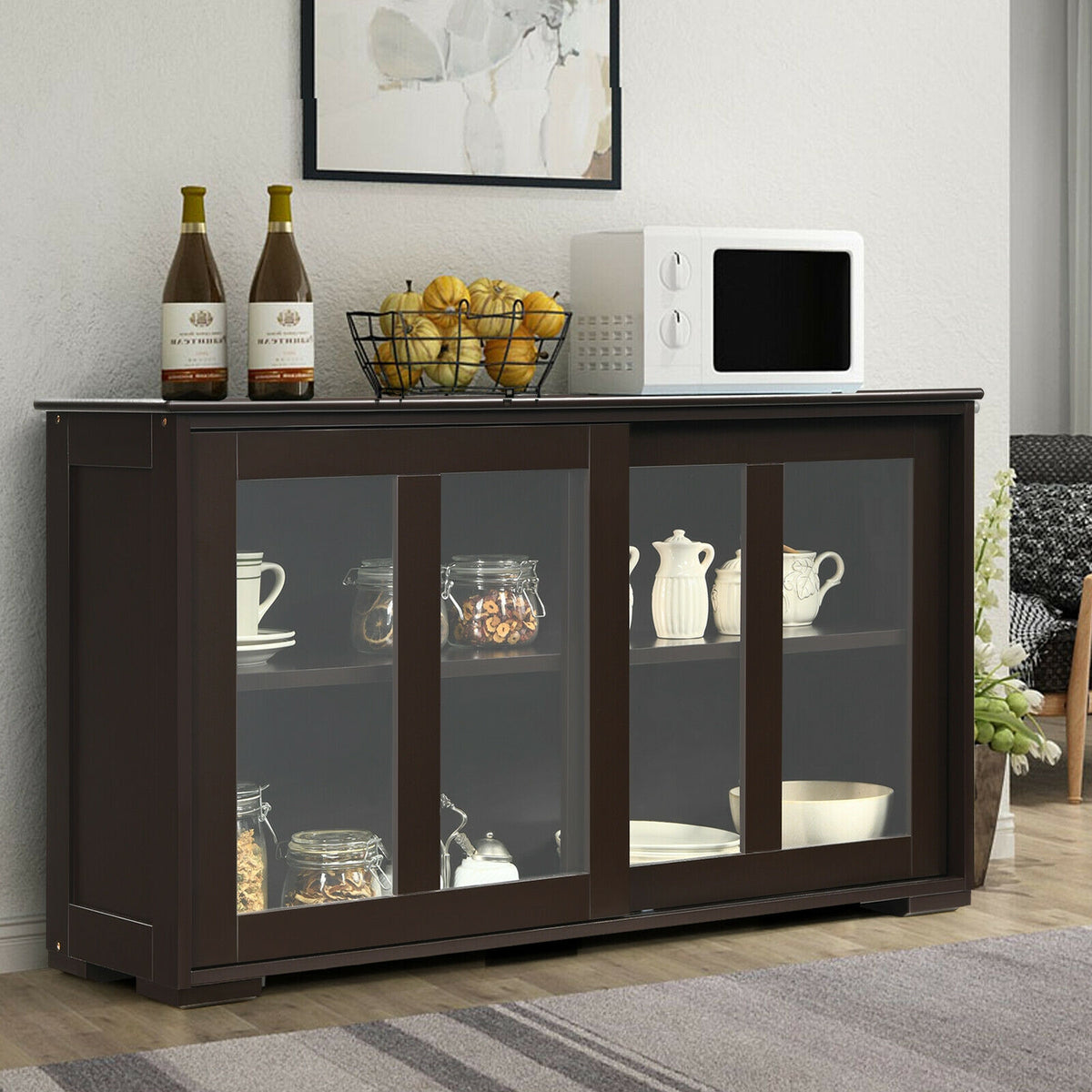 Sideboard Buffet Storage Cabinet Sliding Glass Door - Brown