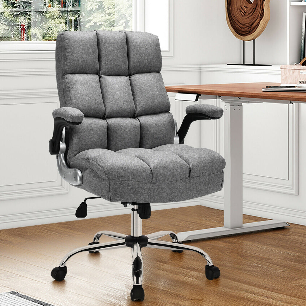 High Back Office Chair with Flip-up Armrests - Gray Linen