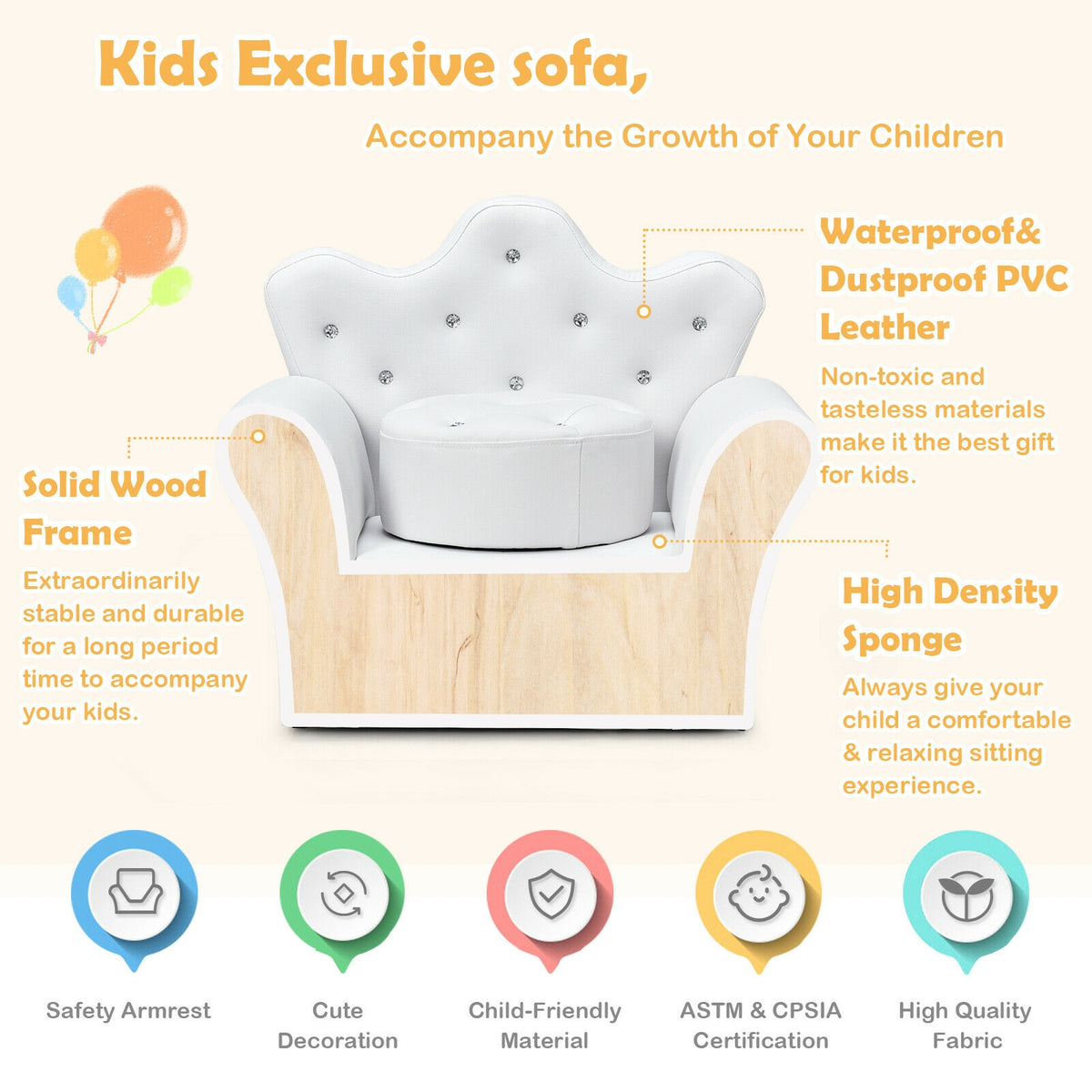 Children Upholstered Princess Sofa with Ottoman - White, Safe & Comfortable