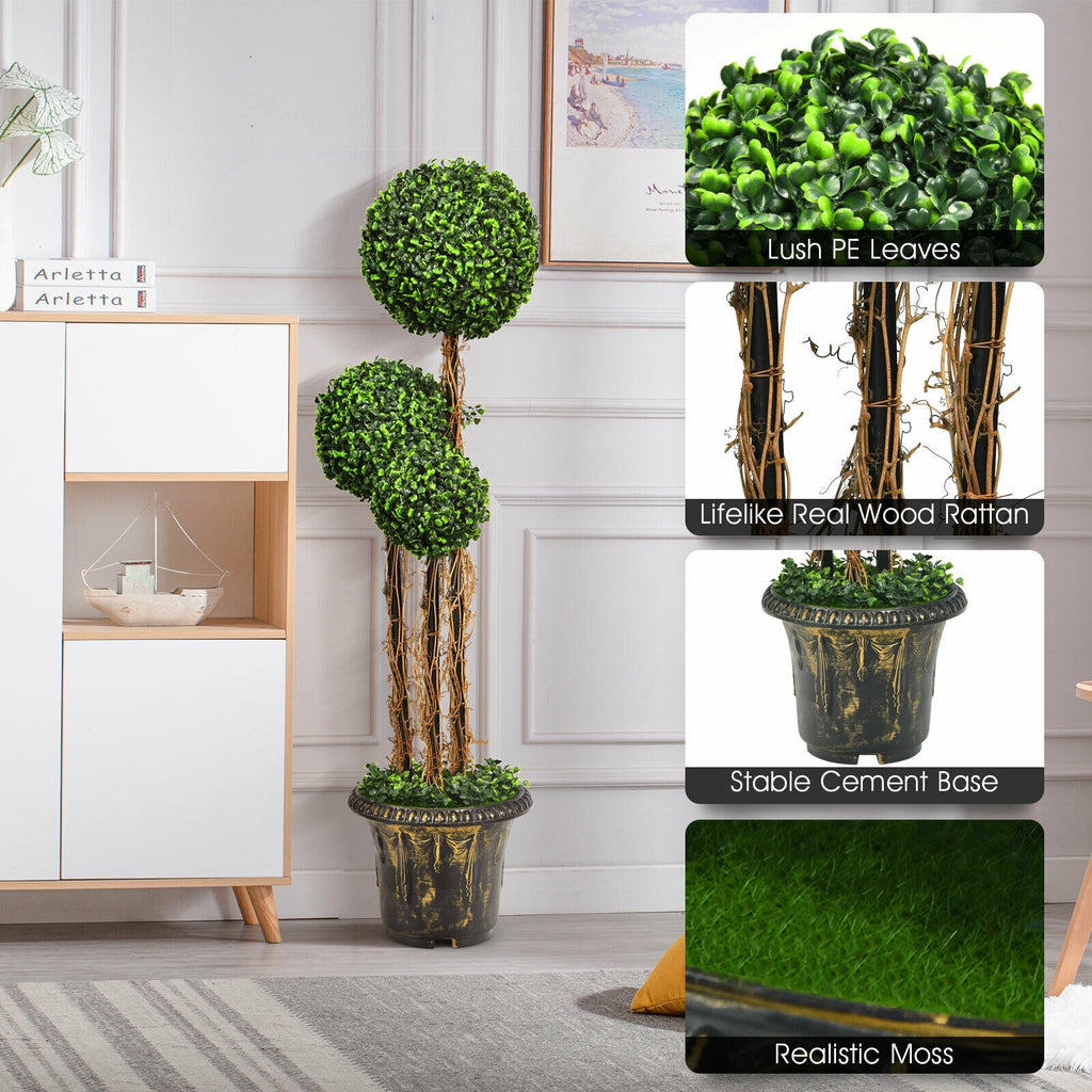 4 Feet Artificial UV-Resistant Topiary Triple Ball Tree Plant - Costway