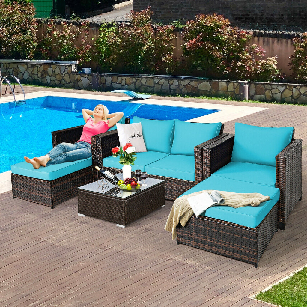 5-Piece Patio Rattan Furniture Set with Cushions - Turquoise
