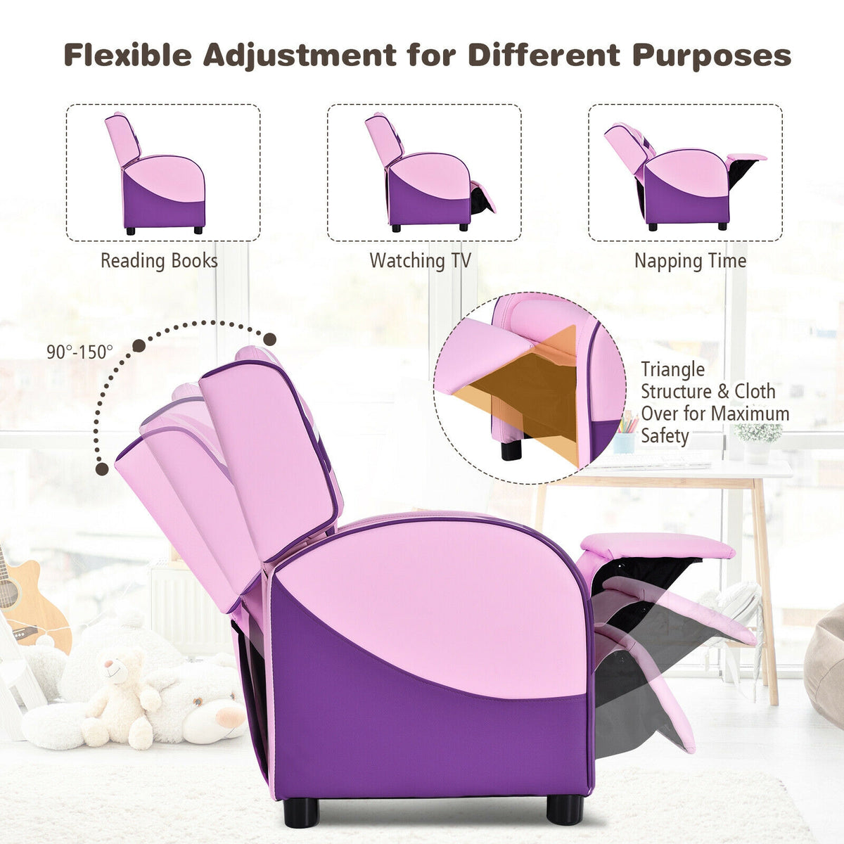 Kids Leather Recliner Chair with Side Pockets - Pink, Style B, Adjustable
