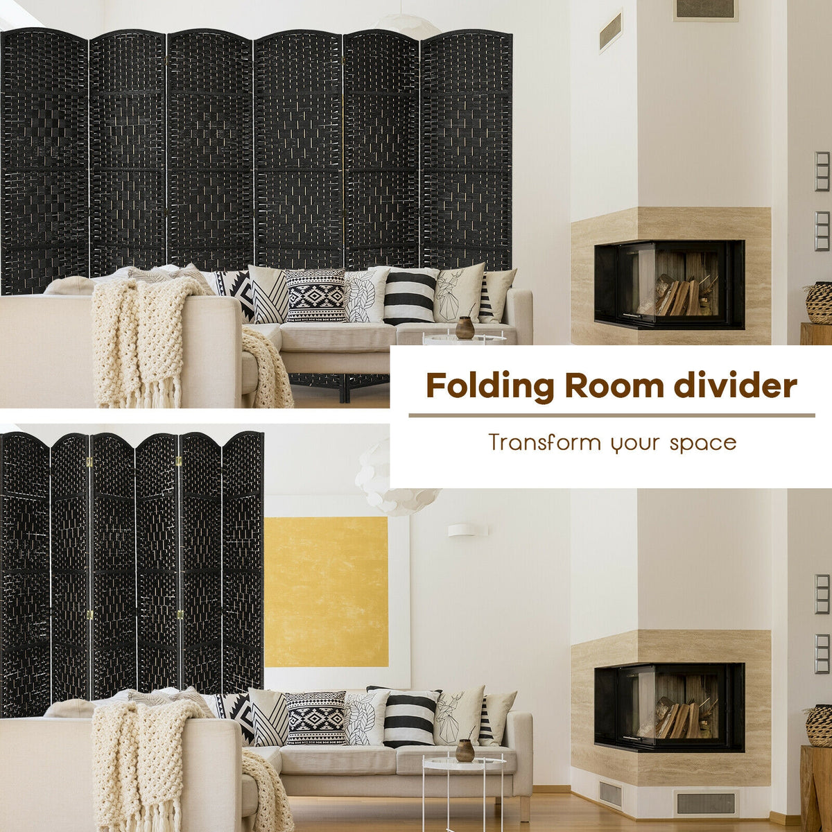 Foldable Fiber Room Divider Screen - 8-Panel Weave Fiber Privacy Divider - Black, 6 Feet
