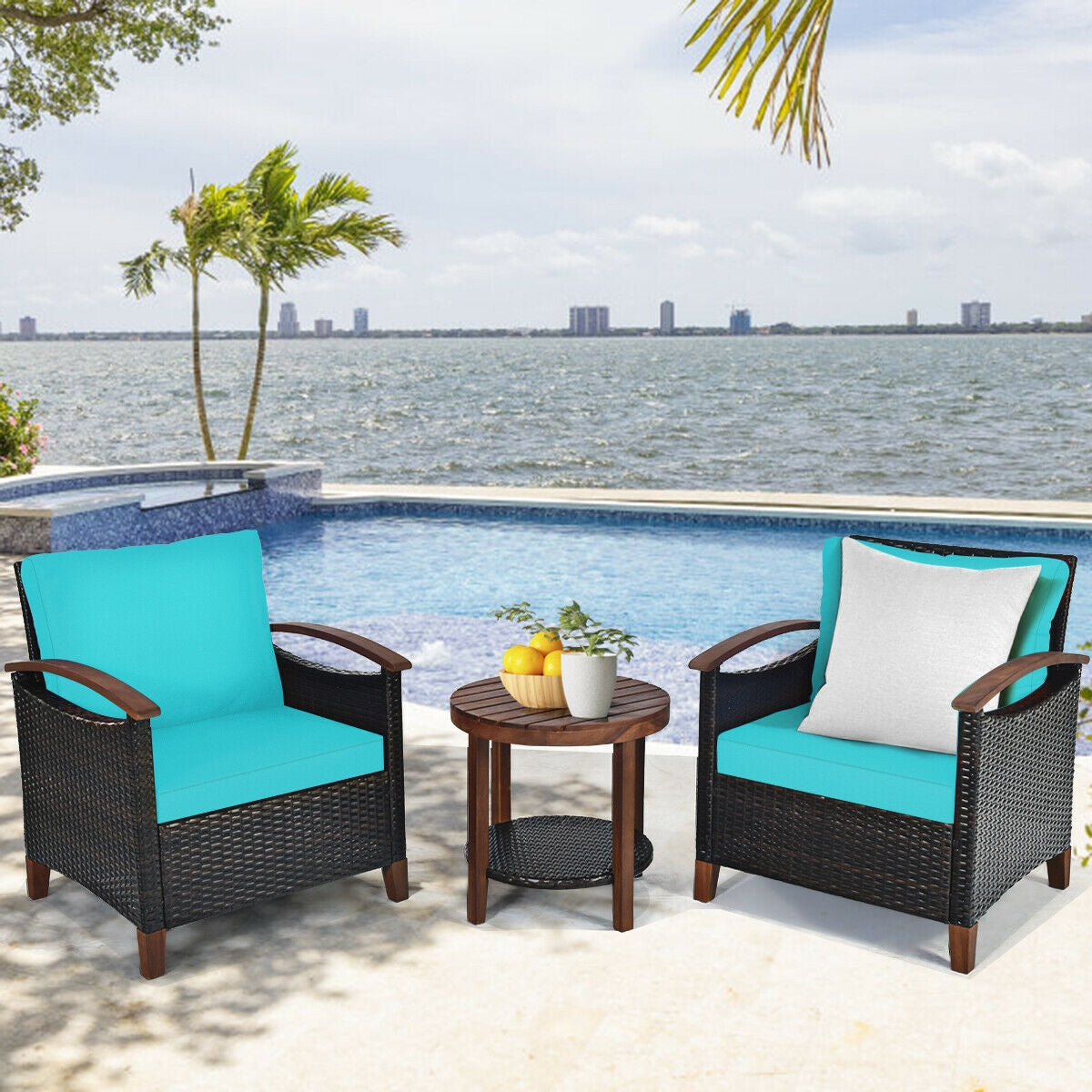 3 Pieces Patio Wicker Furniture Set with Washable Cushion and Acacia
