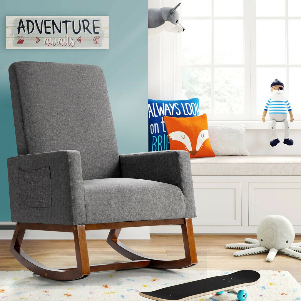 Rocking High Back Upholstered Armchair with Side Pocket - Gray