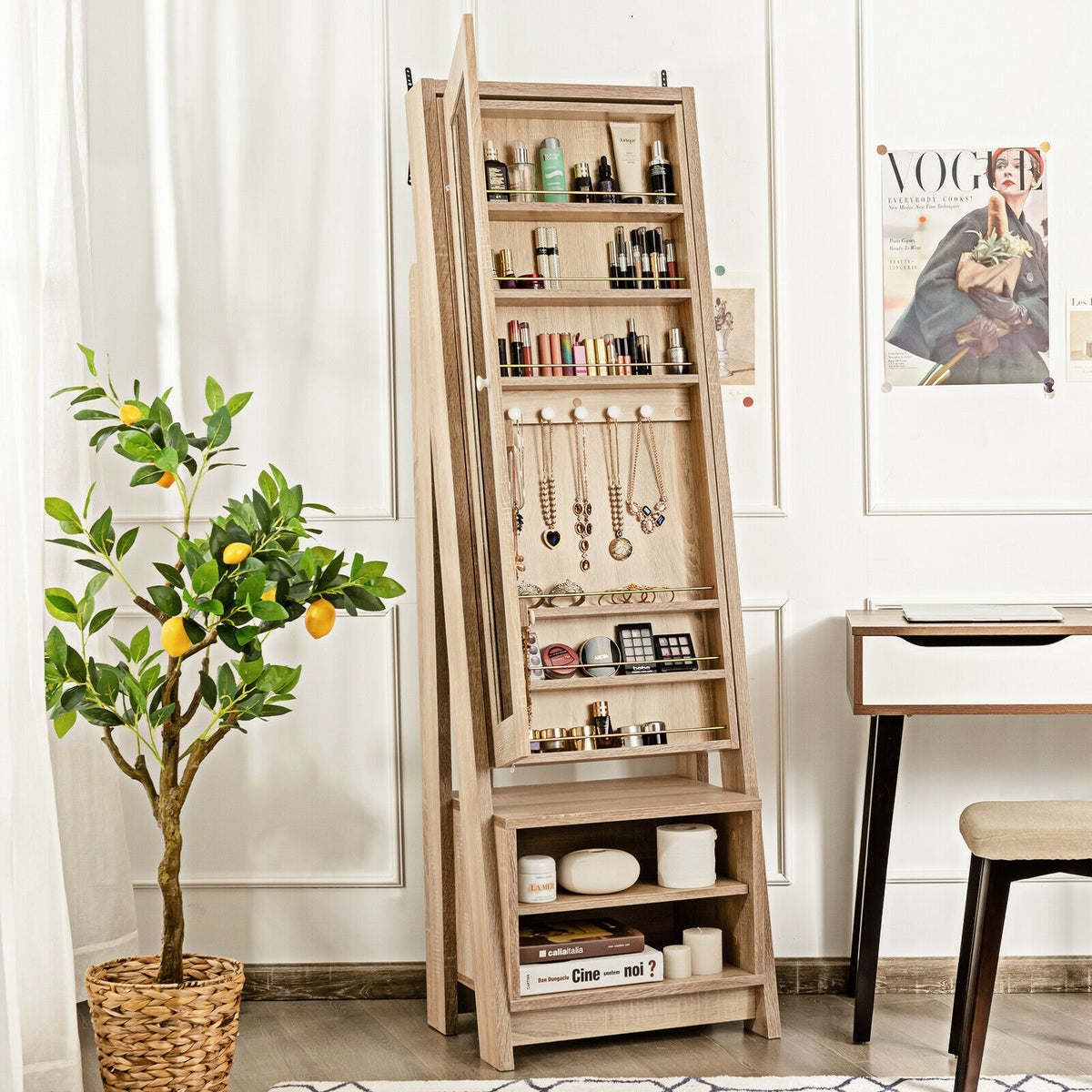 Wooden Jewelry & Cosmetics Storage Cabinet with Mirror