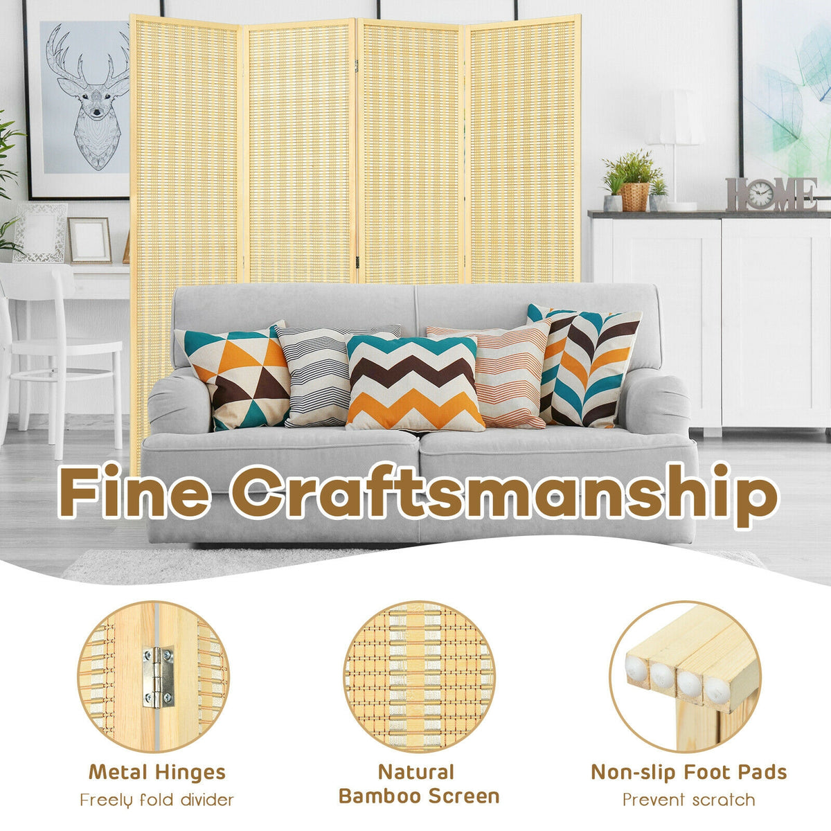 Natural 6 ft 4-Panel Portable Folding Room Divider Screen - Space Saver Privacy