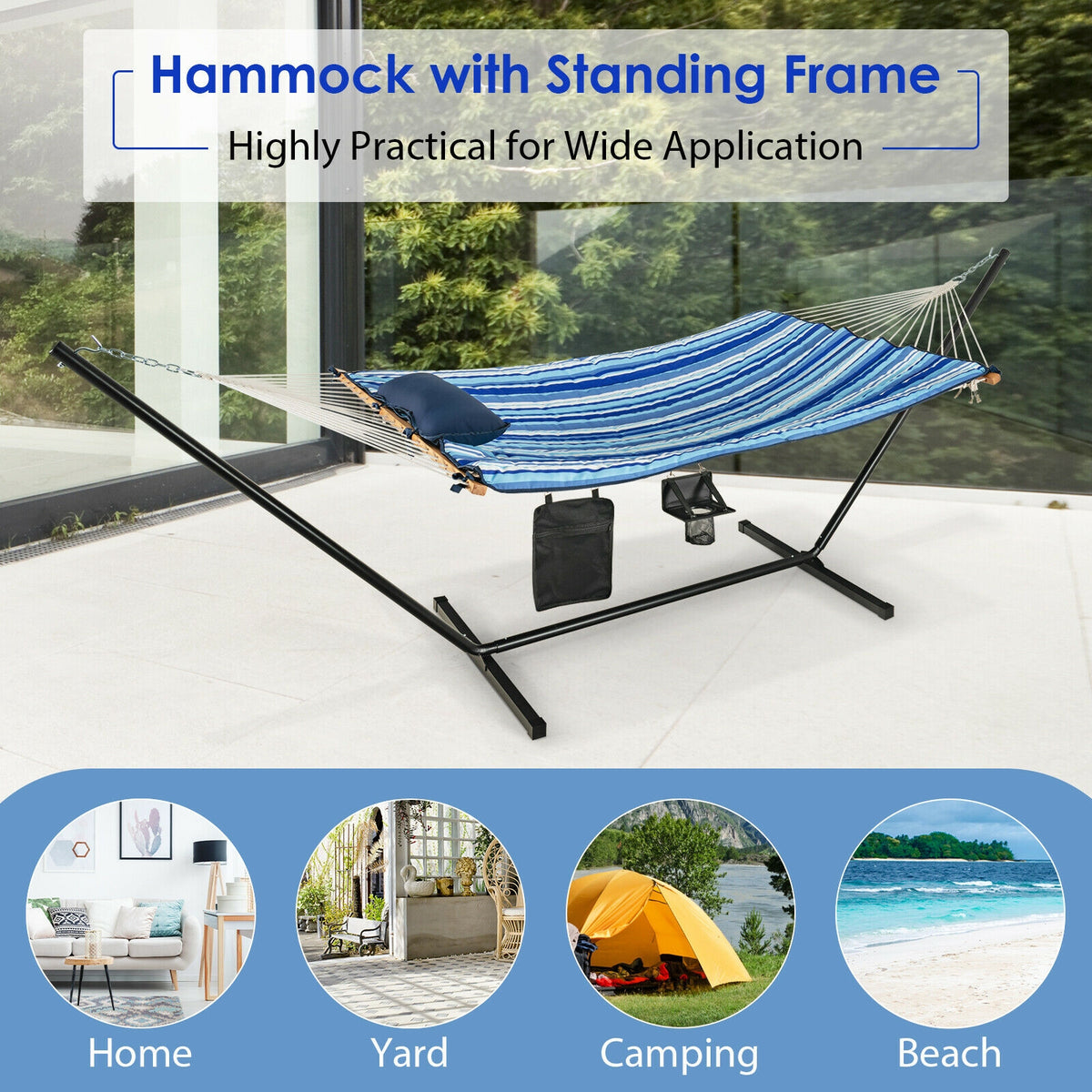 Hammock Chair Stand Set Cotton Swing with Pillow Cup Holder Indoor