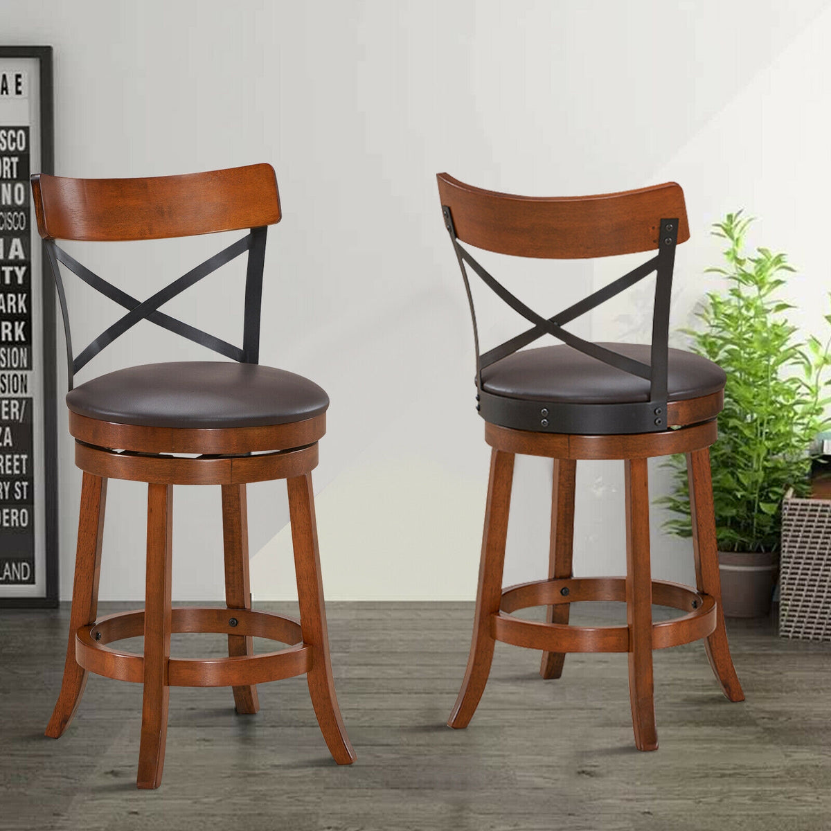 Set of 2 Bar Stools 360-Degree Swivel X-Back 25 inches