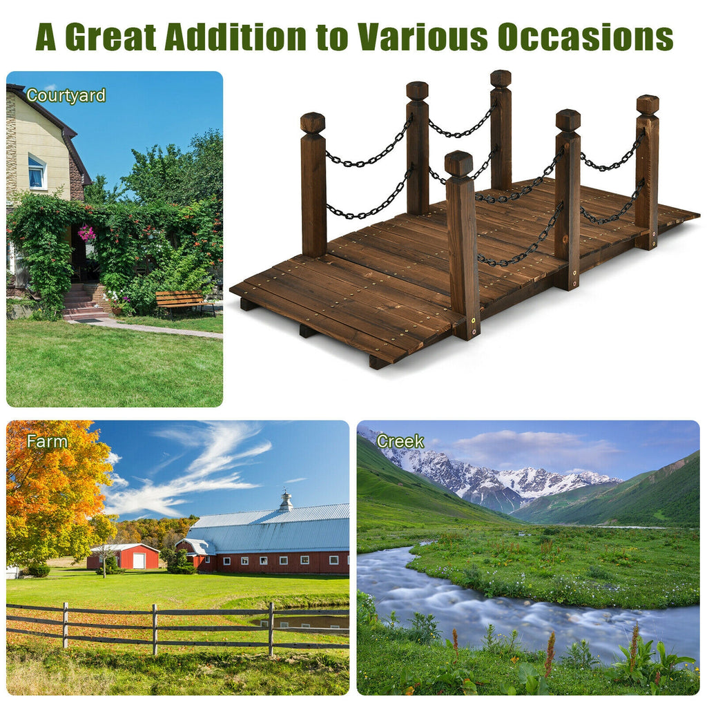 5 Feet Wooden Garden Bridge Arc Footbridge with Chain Railings - Fir Wood, 60 Inch L, Stained Finish