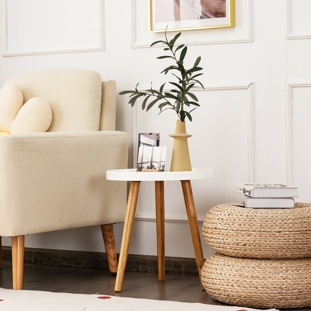 Mid Century Modern Round Coffee Table with Bamboo Feet, White