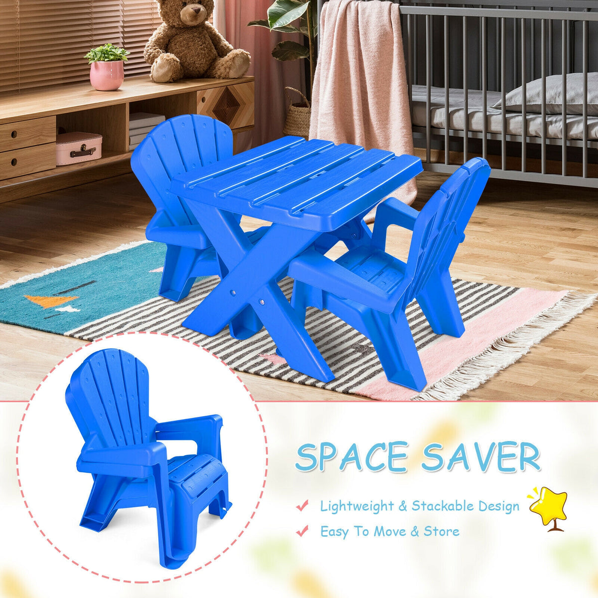 Blue 3-Piece Children's Plastic Play Table and Chair Set