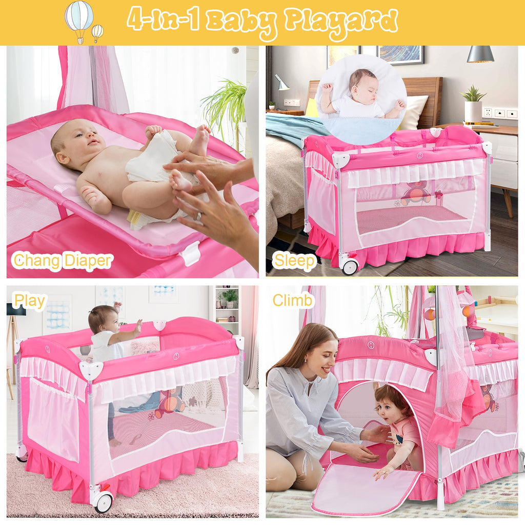 4-in-1 Portable Baby Playard with Carry Bag, Mosquito Net & Removable Bassinet - Pink